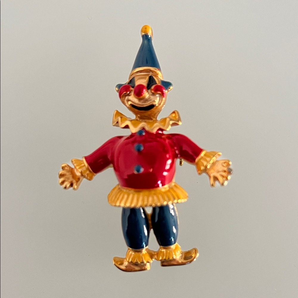 Vintage Enamel Clown Brooch in Red, Navy & Gold